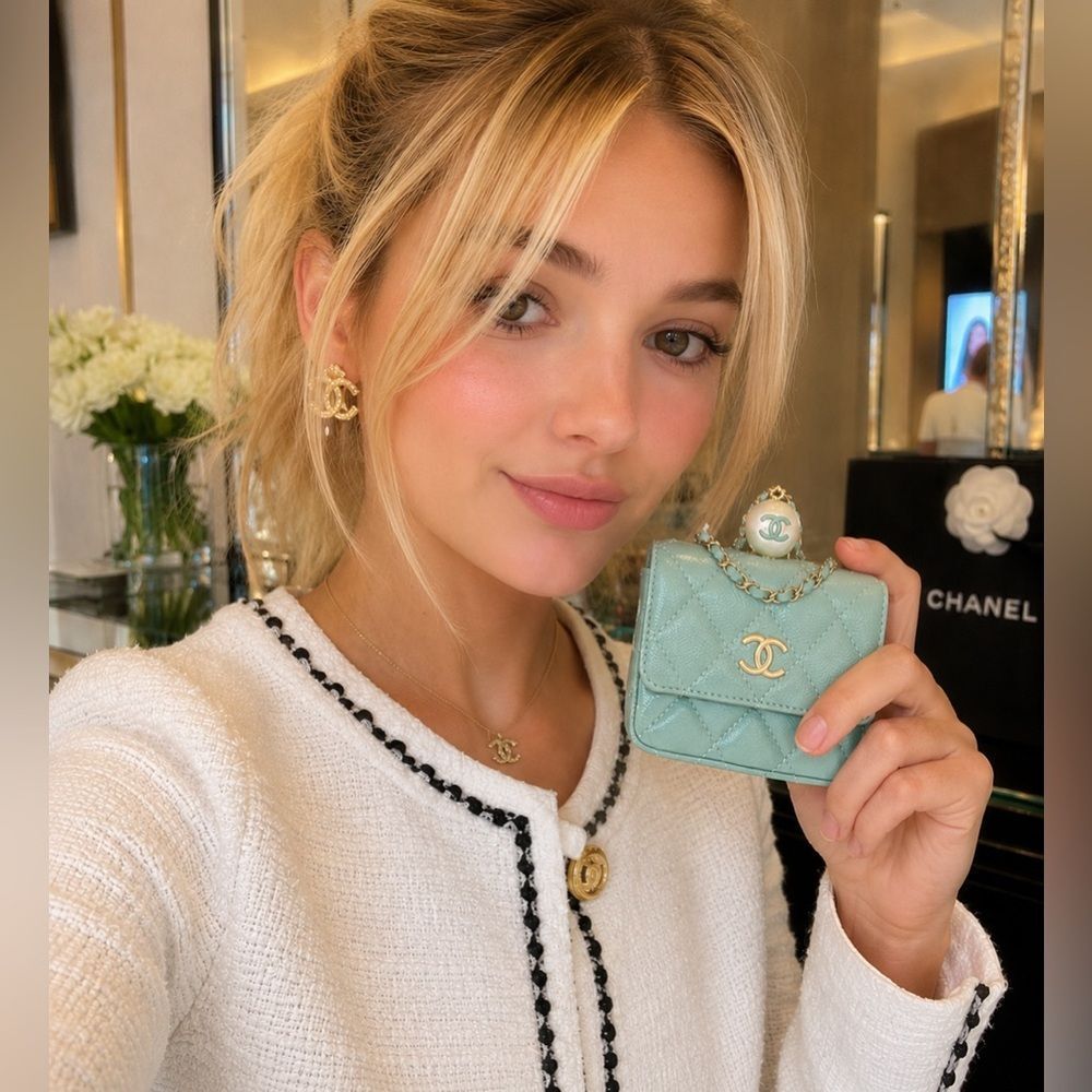 *CHANEL* 2021 Iridescent Mint Green 🌟Caviar🌟 Quilted Pearl on Top Micro WOC